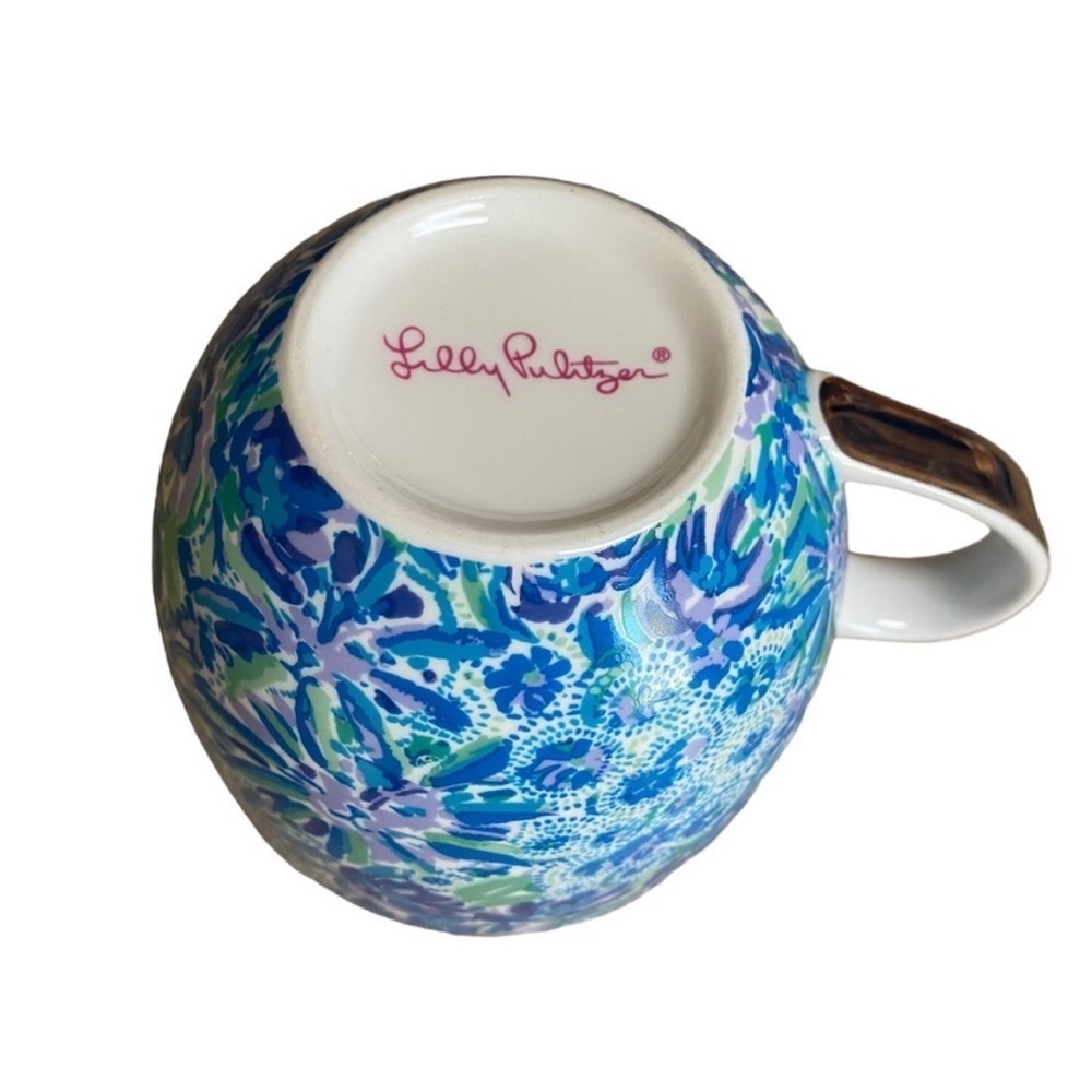 Lilly Pulitzer Tiger XX Lily Blue Floral 12oz Coffee Tea Cup Mug Gold - Picture 5 of 5